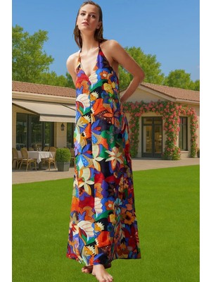 Yazlık Şık Sırt Dekolteli Maxi Viskoz Elbise Rahat A Line Kalıp Dayanıklı Malzeme Seçkin Malzeme