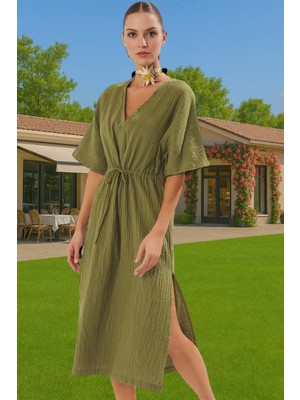 Nefes Alan Pamuklu Kadın Yazlık Plaj Elbisesi V Yaka Büzgü Detaylı Profesyonel Görünüm Trend Tasarım