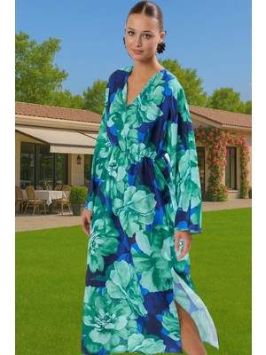 Şal Yaka Maxi Dokuma Elbise Tek Kol Yırtmaçlı Plaj Modası Konforlu Kesim Uzun Ömürlü