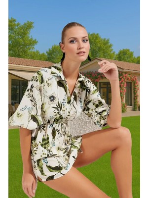 Yazlık Keten Görünümlü Çiçekli Mini Elbise Büzgü Detaylı Plaj Şıklığı Şık Görünüm Rahat ve Şık