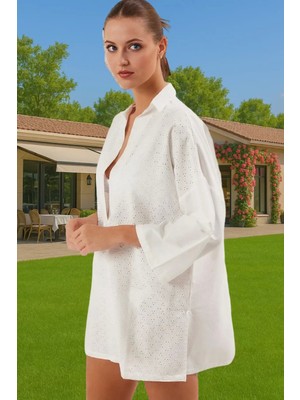 Şık Brode Detaylı Keten Görünümlü Tesettür Mini Elbise Uzun Ömürlü Konforlu Kesim Rahat Kullanım