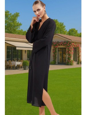 Plaj Elbisesi %100 Pamuk V Yaka Uzun Kollu Yazlık Casual Rahat ve Şık Günlük Kullanım Için