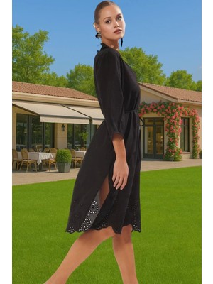 Siyah Pamuklu Brode Detaylı V Yaka Midi Elbise Kadın Yazlık Profesyonel Görünüm Uzun Ömürlü