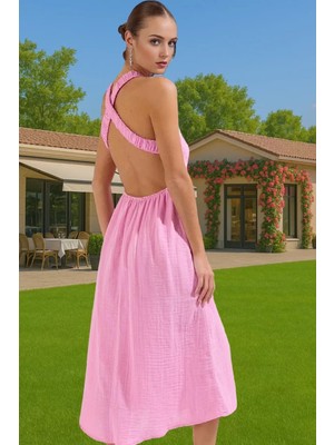 Yazlık Plaj Elbisesi Müslin Kumaş A Line Kesim Sırt Detaylı Premium Kalite Kaliteli Işçilik