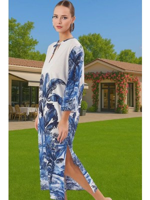 Maxi Pamuk Vual Plaj Elbisesi Tropikal Desenli Tek Kol Rahat Kullanım Rahat Kullanım Özel Tasarım