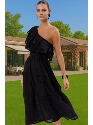 Maxi Keten Görünümlü Tek Omuzlu Elbise Yazlık Rahat Plaj Günlük Kullanım Için Rahat Kullanım