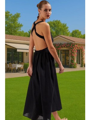 Kadın Sırt Dekolteli Midi Boy Pamuk Elbise Skater Kalıp Yazlık Trend Tasarım Mükemmel Uyum