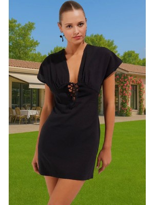 Yazlık Kadın Mini Flamlı Pamuk Elbise V Yaka Bağcık Detaylı Zarifane Tasarım Mükemmel Uyum