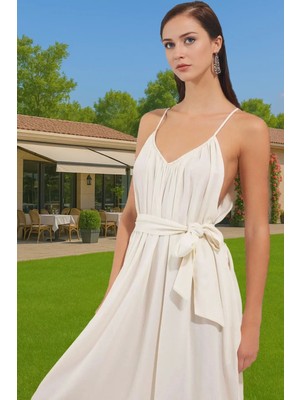 Şık V Yaka Maxi Plaj Elbisesi Bel Detayı ile Viskoz Polyester Karışım Trend Tasarım