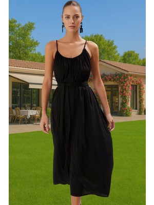 Şık V Yaka Maxi Plaj Elbisesi Bel Detayı ile Viskoz Polyester Karışım Trend Tasarım