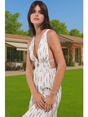 Kolsuz V Yaka Çizgili Maxi Elbise Pamuk Dokuma Yazlık Uzun Ömürlü Özenle Seçilmiş Premium Kalite