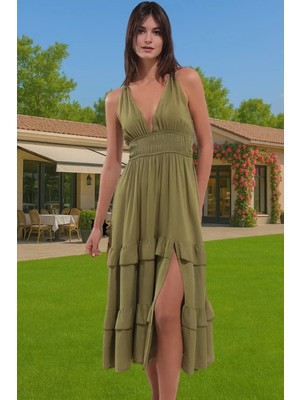 Kadın Yazlık Plaj Elbisesi Volanlı Haki Maxi Elbise Rahat Rahat Kullanım Uzun Ömürlü Modern Stil
