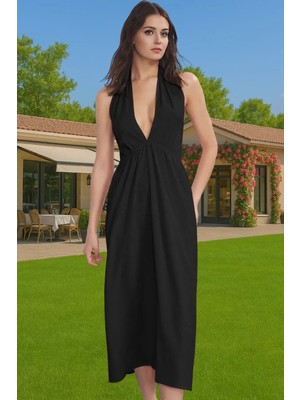 Yazlık Kolsuz V Yaka Maxi Plaj Elbisesi Kadın Bubble Krep Kaliteli Işçilik Zarifane Tasarım