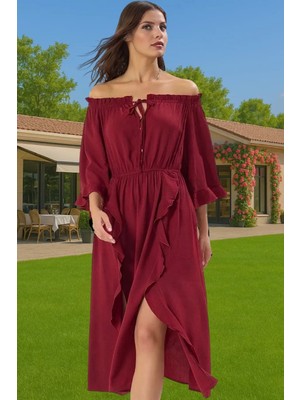 Kadın Yazlık Maxi Elbise Omuzdan Düşük Volanlı Crinkle Dokuma Rahat Profesyonel Görünüm
