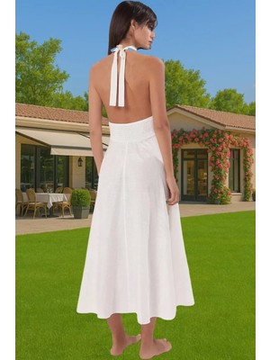 100 Pamuk Kadın Bisiklet Yaka Bağlamalı Maxi Plaj Elbisesi Seçkin Malzeme Rahat ve Şık