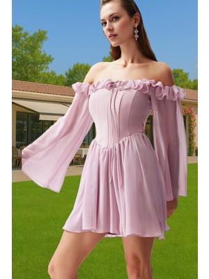 Astarlı Şifon Mini Elbise Carmen Yaka Volanlı Yazlık Özel Tasarım Özenle Seçilmiş Zarifane Tasarım