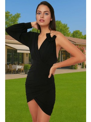 Şık Tek Omuzlu Uzun Kollu Mini Abiye Elbise Polyester Elastan Özel Tasarım Özenle Seçilmiş