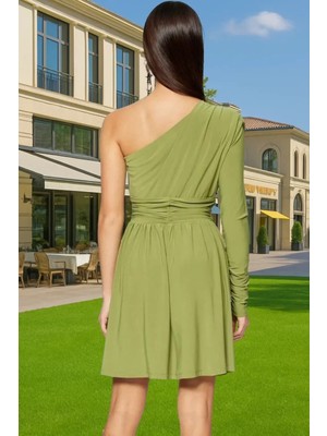 Asimetrik Yaka Tek Kol Uzun Kollu Örme Mini Elbise Polyester Yazlık Uzun Ömürlü Özel Tasarım