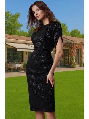 Şık Bodycon Abiye Elbise Payet Işlemeli Polyester Karışımlı Midi Boy Seçkin Malzeme