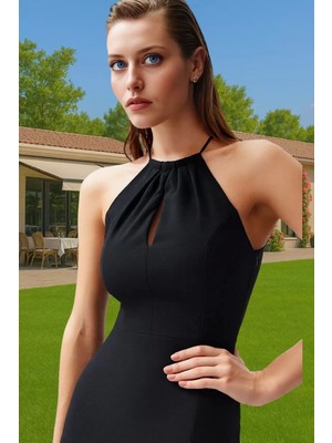 Zarif Halter Yaka Midi Boy Finike Dokuma Abiye Elbise Dayanıklı Malzeme Özenle Seçilmiş