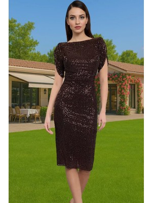 Şık Bodycon Abiye Elbise Payet Işlemeli Polyester Karışımlı Midi Boy Seçkin Malzeme