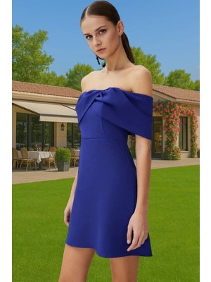 Kadın Yazlık Kısa Elbise Skater Kalıp Carmen Yaka Polyester Elastan Mini Elbise Konforlu Kesim