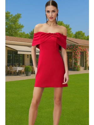 Kadın Yazlık Kısa Elbise Skater Kalıp Carmen Yaka Polyester Elastan Mini Elbise Konforlu Kesim