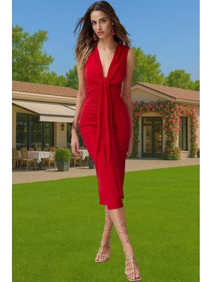 Vücudu Saran Midi Örme Abiye Elbise Şık Tasarım Polyester Elastan Modern Stil Rahat ve Şık