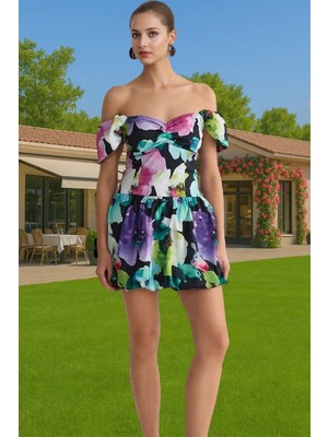 A Kesim Carmen Yaka Kısa Kollu Poplin Mini Elbise Premium Kalite Zarifane Tasarım Rahat Kullanım