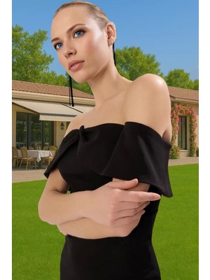 Midi Boy Carmen Yaka Fiyonklu A Kesim Abiye Elbise Polyester Elastan Profesyonel Görünüm