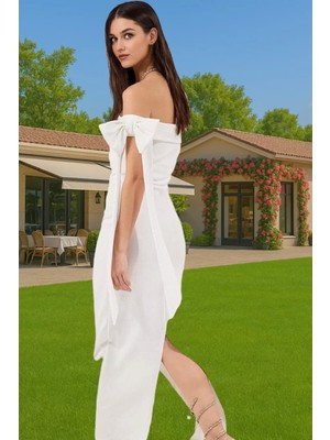 Omuz Fiyonklu Beyaz Bodycon Abiye Elbise Yazlık Maxi Krep Mükemmel Uyum Mükemmel Uyum Rahat Kullanım