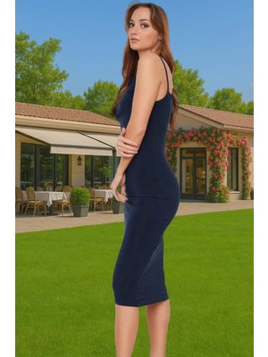 Vücudu Saran Şık Midi Boy Askılı Polyester Örme Elbise Özel Tasarım Seçkin Malzeme Yüksek Kalite