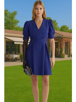 Kadın Mini Dokuma Elbise V Yaka Balon Kol Finike Dokuma Modern Stil Seçkin Malzeme Modern Stil