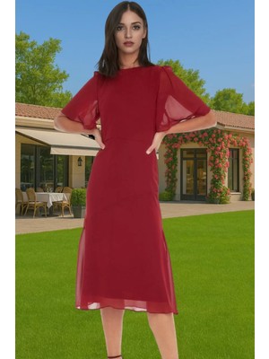 Astarlı Şifon Elbise A Kesim Midi Boy Polyester Yazlık Premium Kalite Özenle Seçilmiş Premium Kalite