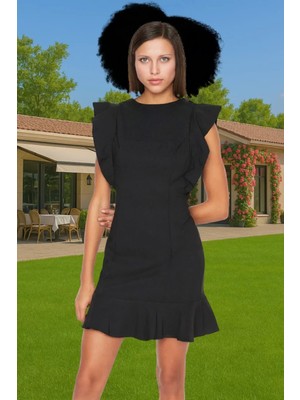 Feminen Mini Elbise Bisiklet Yaka Fırfır Detaylı Bodycon Polyester Kaliteli Işçilik