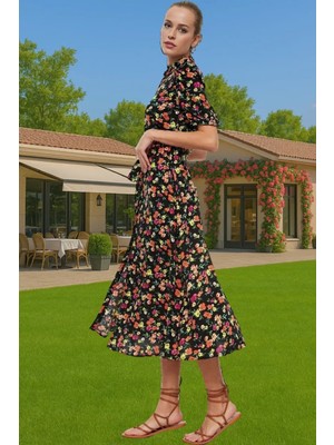 Kadın Şık Midi Boy Viskoz Elbise Animal Desenli Kuşak Detayı Casual Rahat Kullanım Şık Görünüm