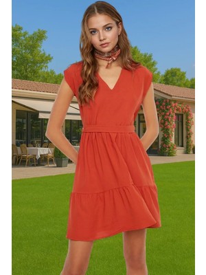 Şık Mini Elbise V Yaka Bel Kuşağı Detaylı Rahat Günlük Yazlık Profesyonel Görünüm Trend Tasarım