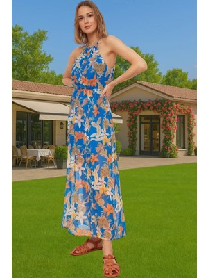 A Line Halter Yaka Şifon Elbise Puantiyeli Desenli Yazlık Midi Yüksek Kalite Özenle Seçilmiş