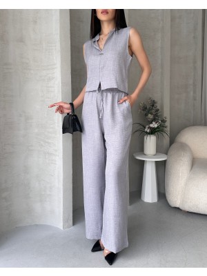 Modemoss  Kolsuz  Bluz  ve Yüksek Bel Bol Paça Pantolon Takım .