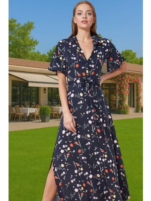 Yazlık Kadın Midi Gömlek Elbise Çiçek Desenli Viskoz Kumaşlı Rahat Konforlu Kesim Uzun Ömürlü