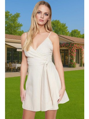 Askılı V Yaka Mini Keten Elbise Bel Kuşağı Rahat Yazlık Dokuma Özenle Seçilmiş Uzun Ömürlü