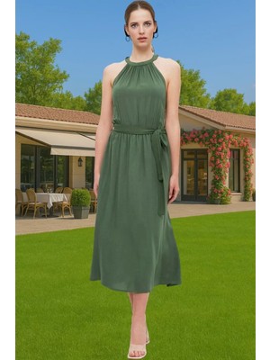 Şık Halter Yaka Midi Viskoz Elbise A Kesim Kuşak Detayı ile Dayanıklı Malzeme Dayanıklı Malzeme