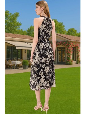 Astarlı Şifon Halter Yaka Kuşaklı Midi Elbise Yazlık Rahat Konforlu Kesim Günlük Kullanım Için