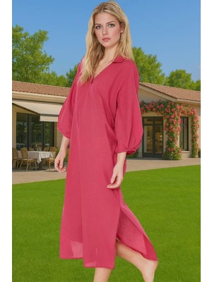 Şık V Yaka Pamuk Vual Midi Elbise Geniş Kalıp Balon Kol Yazlık Seçkin Malzeme Kaliteli Işçilik