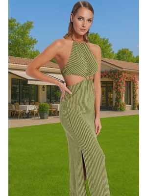 Rahat ve Şık Halter Yaka Maxi Elbise Polyester Karışımlı Yazlık Yüksek Kalite Premium Kalite