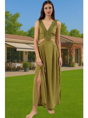 Ekru Viskoz Maxi Elbise Cut Out Detaylı Plaj Elbisesi Dayanıklı Malzeme Uzun Ömürlü Şık Görünüm