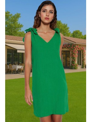 Rahat V Yaka Bağlamalı Mini Elbise Crinkle Dokuma Polyester Yazlık Seçkin Malzeme Yüksek Kalite