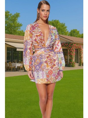 Mini V Yaka Cut Out Etnik Desenli Pamuklu Yazlık Elbise Günlük Kullanım Için Konforlu Kesim