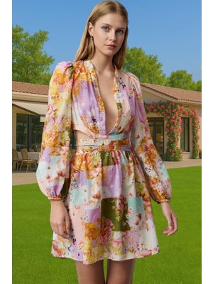 Mini V Yaka Cut Out Etnik Desenli Pamuklu Yazlık Elbise Günlük Kullanım Için Konforlu Kesim