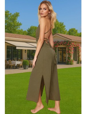 Rahat ve Şık Kadın Plaj Elbisesi Midi Boy V Yaka Viskoz Polyester Rahat Kullanım